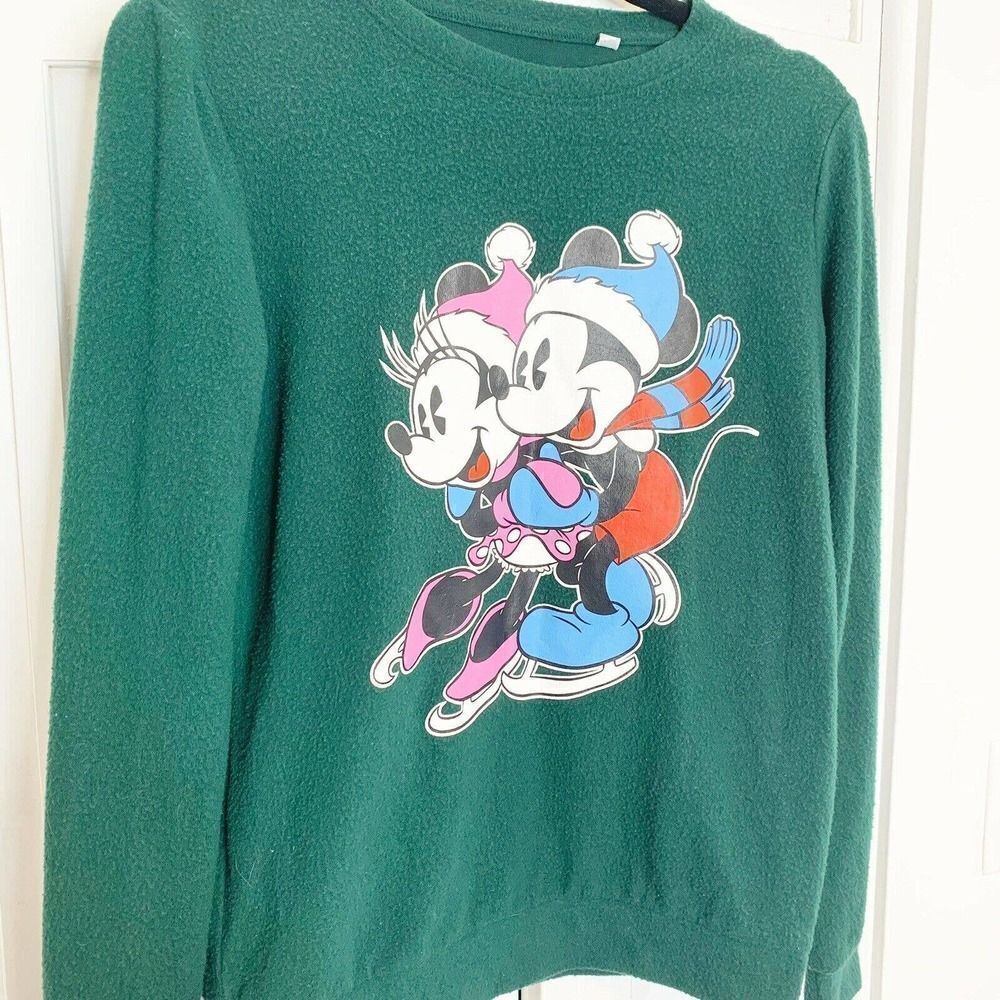 Vintage Disney Mickey & Minnie Mouse Crew Neck Fleece Sweater XS Dark Green - Picture 2 of 4